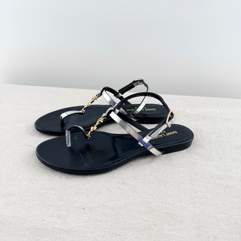 Saint Laurent Cassandra Patent Leather YSL Logo Thong Sandals Silver Black 36.5 - Picture 3 of 8